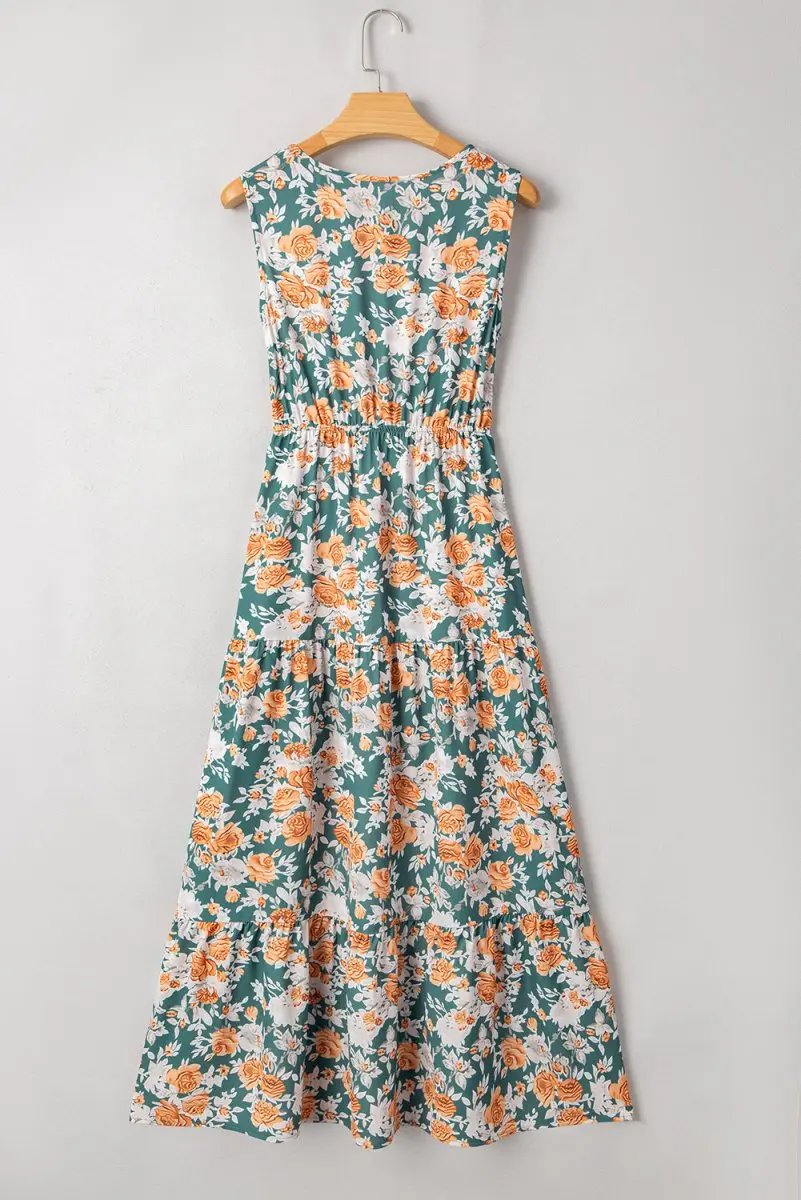 Green Floral Print Trimmed V Neck Tie Waist Sleeveless Dress - Love Salve
